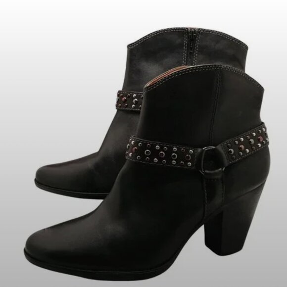 Sofft Shoes - Sofft Noreen Black Leather Studded Harness Heeled Ankle Cowboy‎ Boot